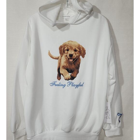 Puppy ''Feeling playful'' women's white hoodie medium - Picture 1 of 7